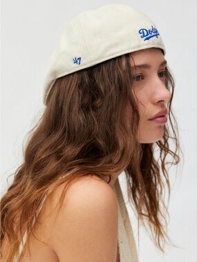 Urban Outfitters Cream Baseball Cap with Blue Embroidery